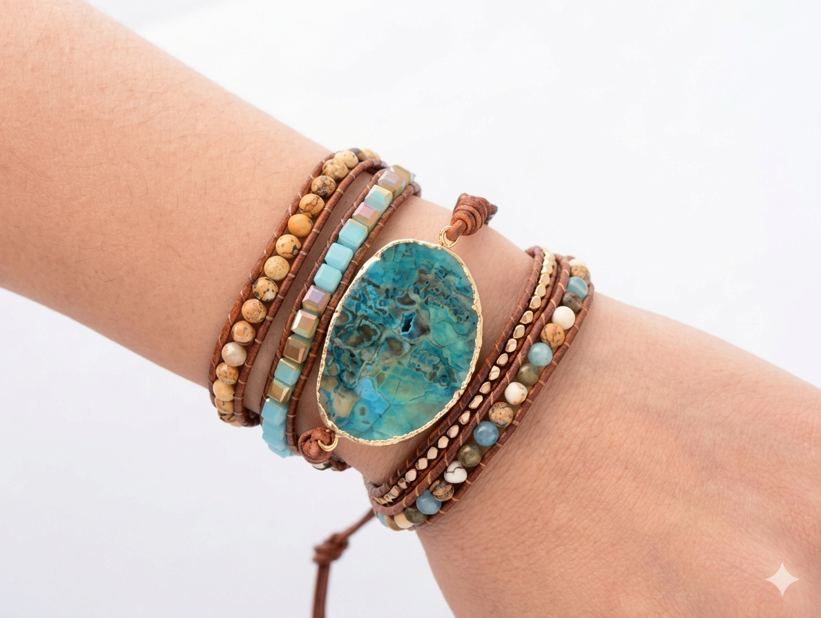 Handmade Natural Ocean Jasper Leather Wrap Bracelet