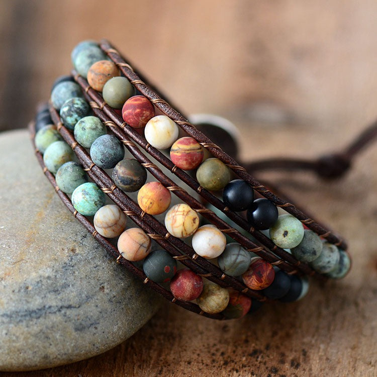 Frosted Stone Beaded Leather Bracelet