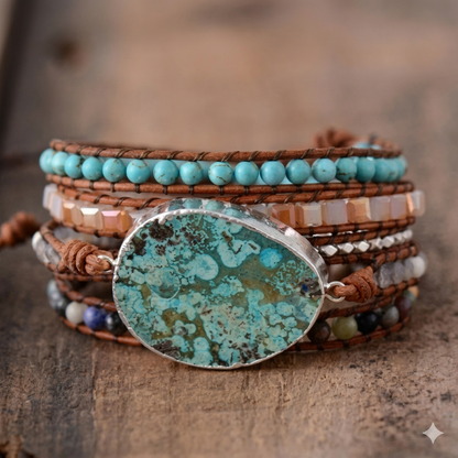 Handmade Natural Ocean Jasper Leather Wrap Bracelet