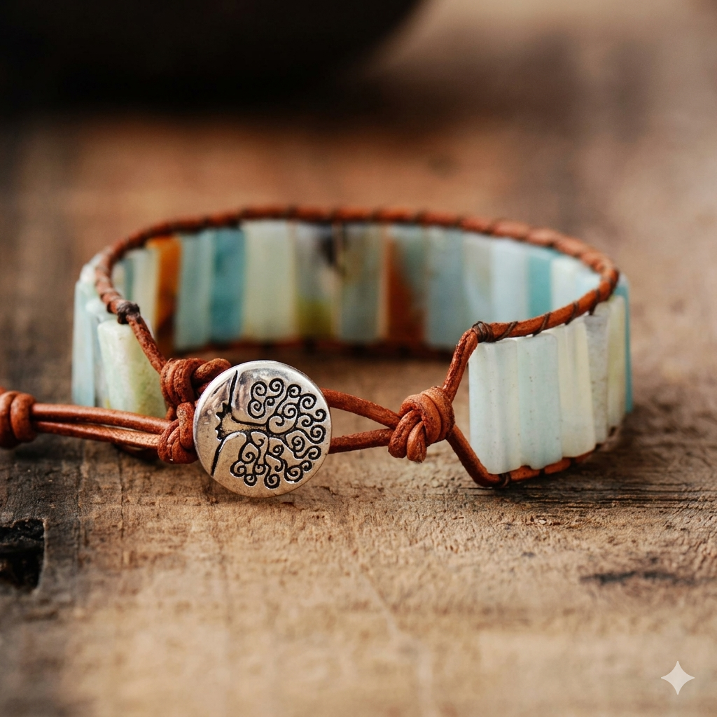 Natural Amazonite Stone & Leather Tree Of Life Bracelet