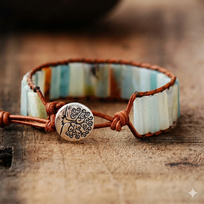 Natural Amazonite Stone & Leather Tree Of Life Bracelet