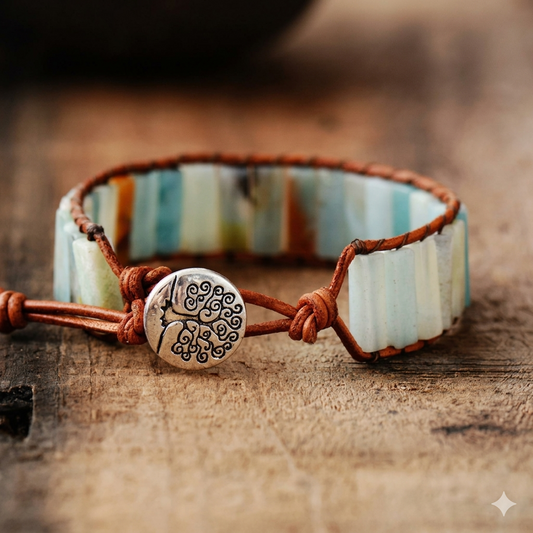 Natural Amazonite Stone & Leather Tree Of Life Bracelet