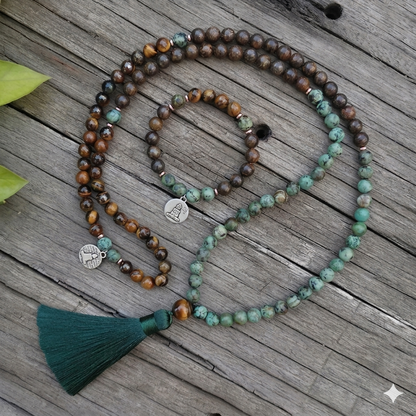 108 Natural Tiger Eye Bronzite & African Turquoise Mala