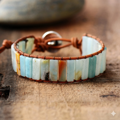 Natural Amazonite Stone & Leather Tree Of Life Bracelet
