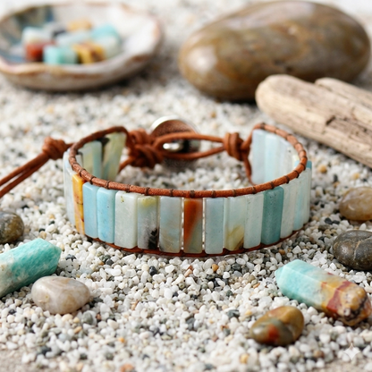 Natural Amazonite Stone & Leather Tree Of Life Bracelet