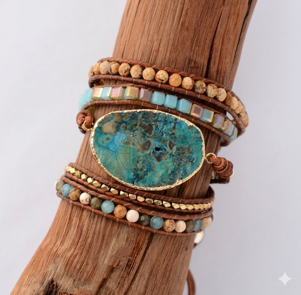 Handmade Natural Ocean Jasper Leather Wrap Bracelet