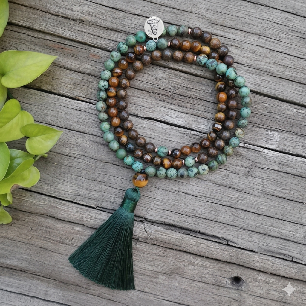 108 Natural Tiger Eye Bronzite & African Turquoise Mala