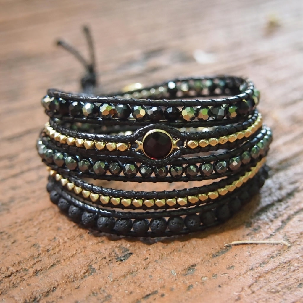 Handmade Natural Black Lava Stone & Hematite Gemstone Wrap Bracelet