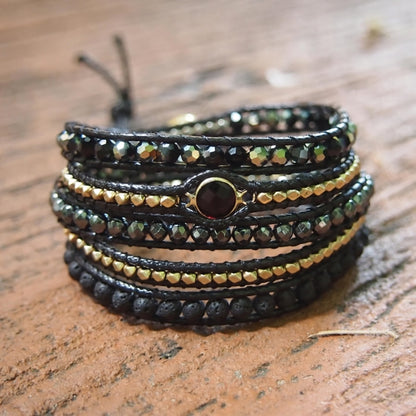 Handmade Natural Black Lava Stone & Hematite Gemstone Wrap Bracelet