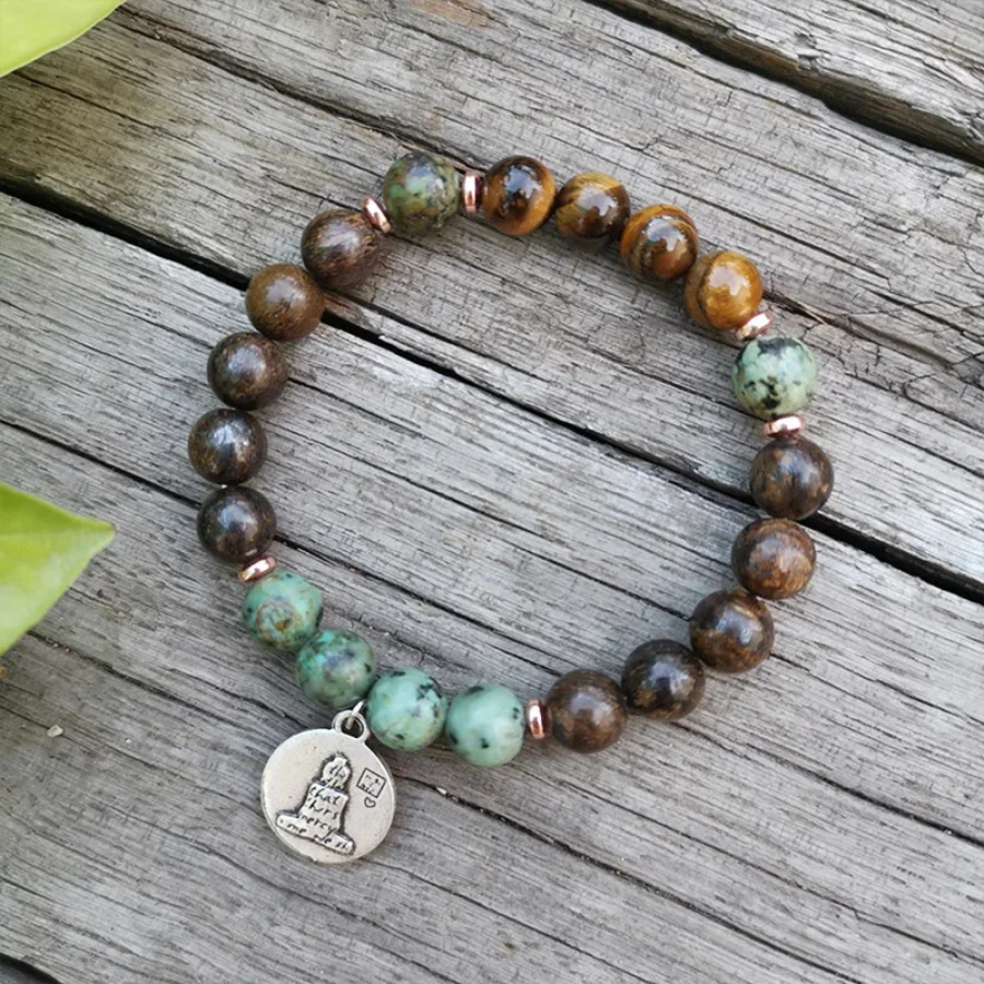 108 Natural Tiger Eye Bronzite & African Turquoise Mala