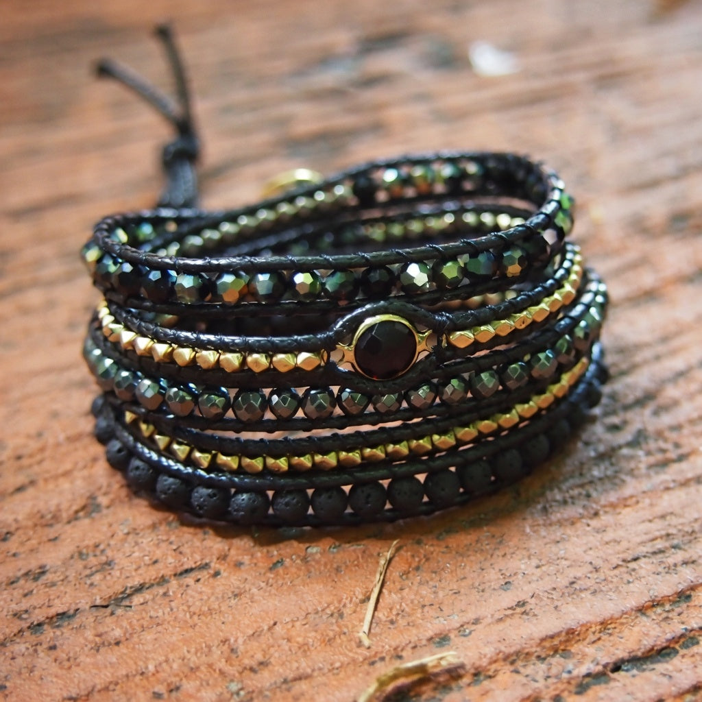 Handmade Natural Black Lava Stone & Hematite Gemstone Wrap Bracelet