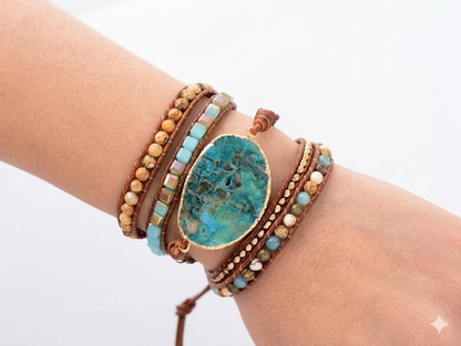 Handmade Natural Ocean Jasper Leather Wrap Bracelet