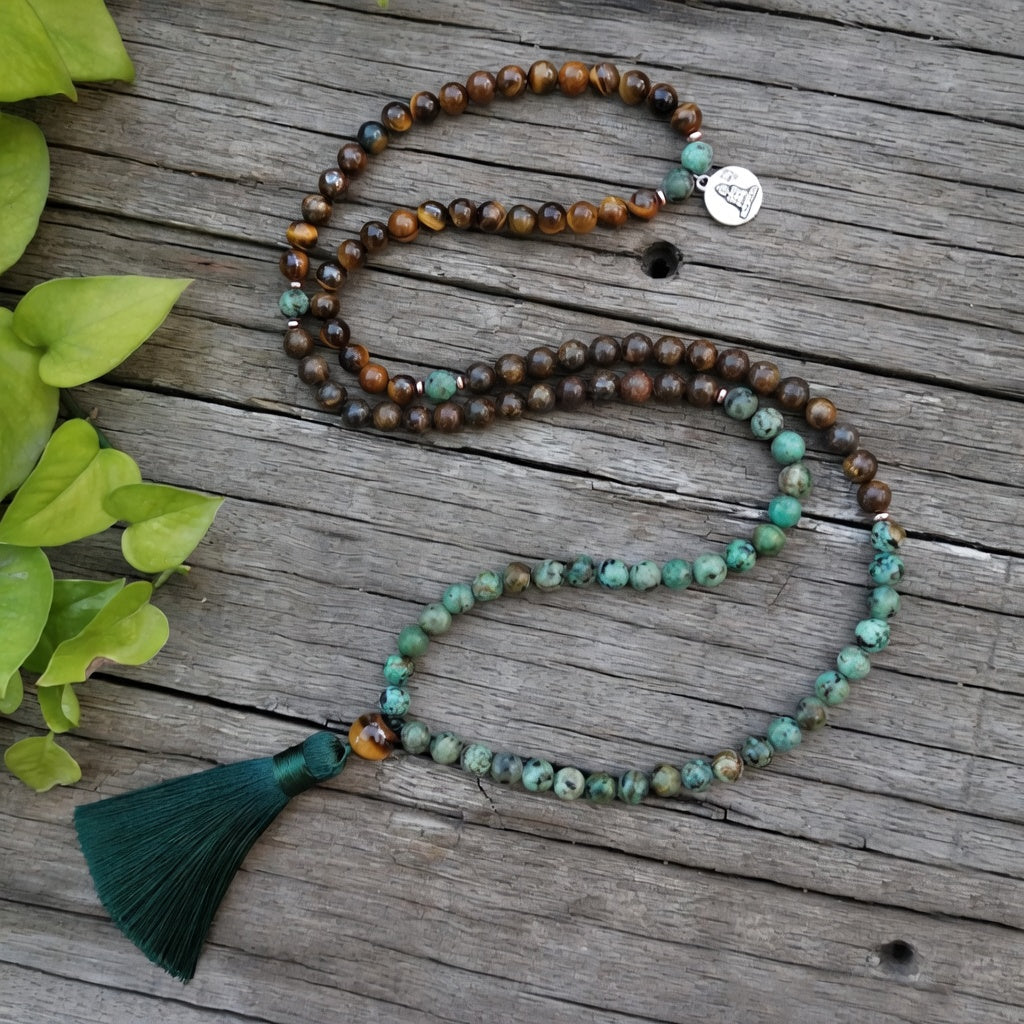108 Natural Tiger Eye Bronzite & African Turquoise Mala
