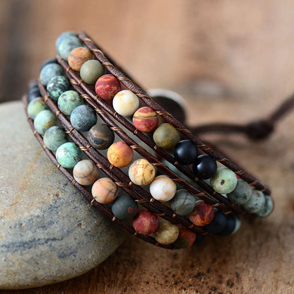 Frosted Stone Beaded Leather Bracelet