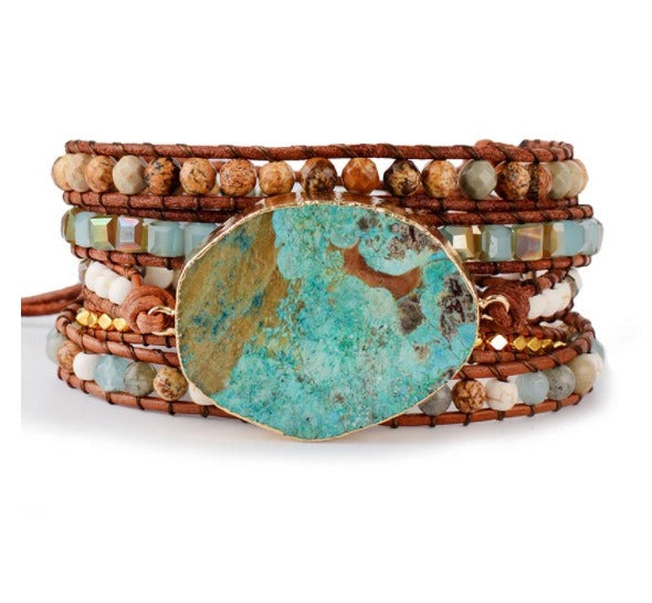 Handmade Natural Ocean Jasper Leather Wrap Bracelet