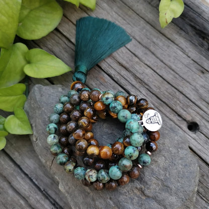 108 Natural Tiger Eye Bronzite & African Turquoise Mala