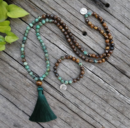 108 Natural Tiger Eye Bronzite & African Turquoise Mala