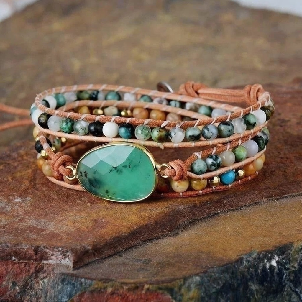 Natural Green Jade Jasper and Moss Agate Wrap Bracelet