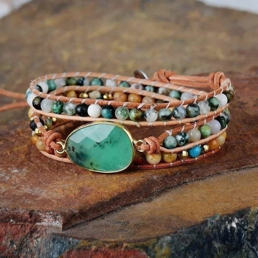 Natural Green Jade Jasper and Moss Agate Wrap Bracelet