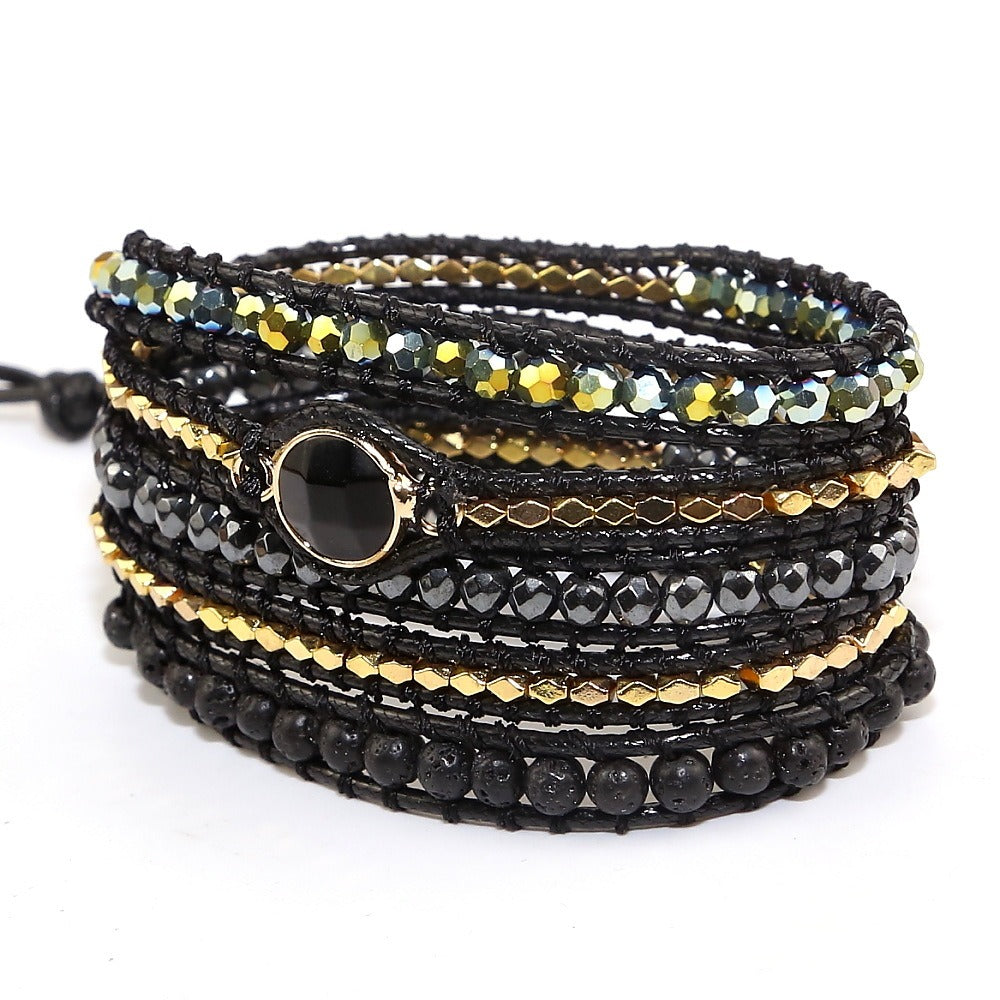 Handmade Natural Black Lava Stone & Hematite Gemstone Wrap Bracelet