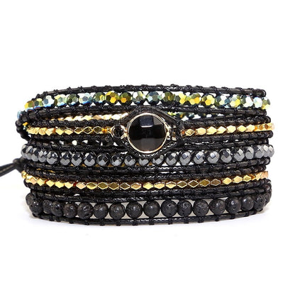 Handmade Natural Black Lava Stone & Hematite Gemstone Wrap Bracelet