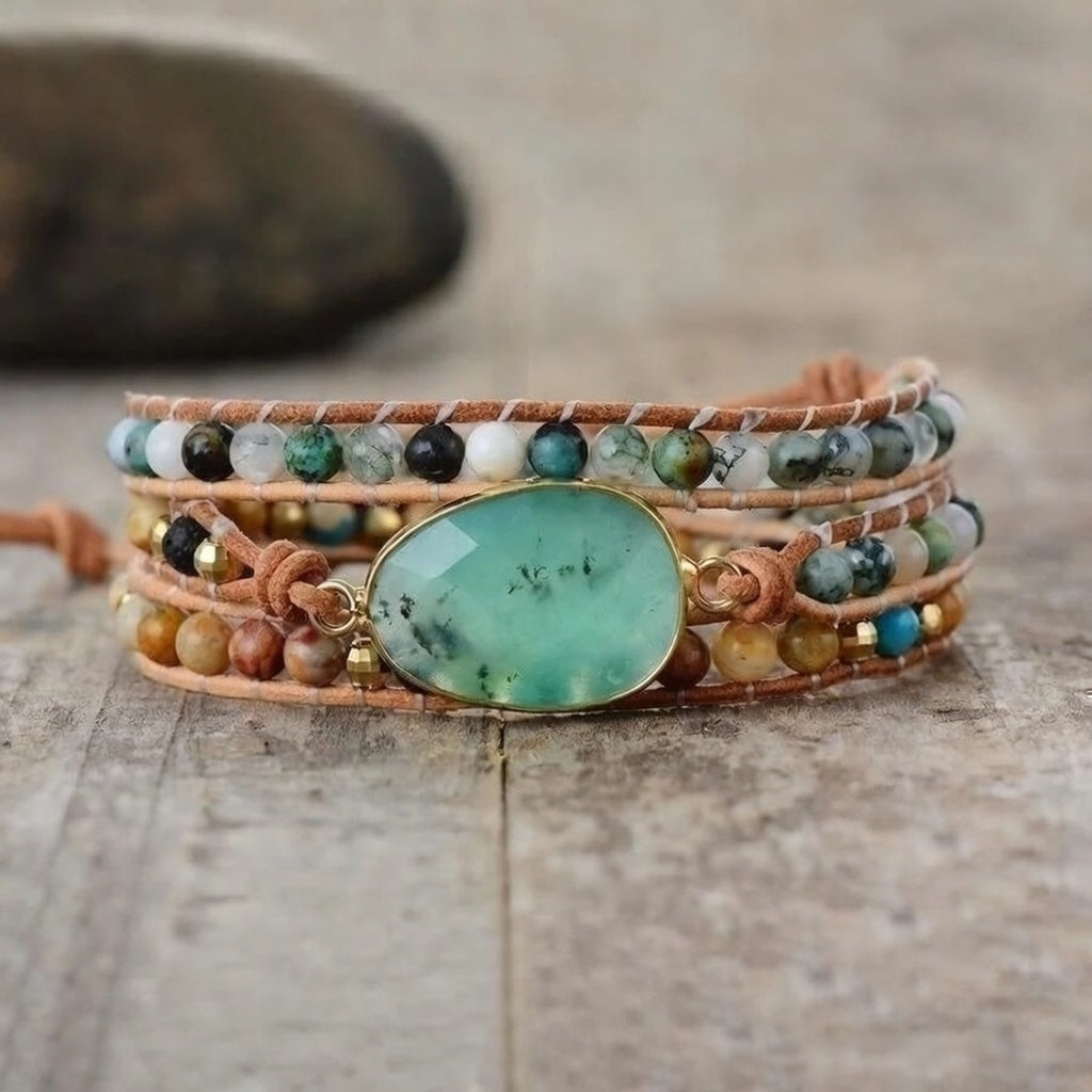 Natural Green Jade Jasper and Moss Agate Wrap Bracelet