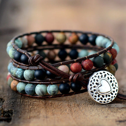 Frosted Stone Beaded Leather Bracelet