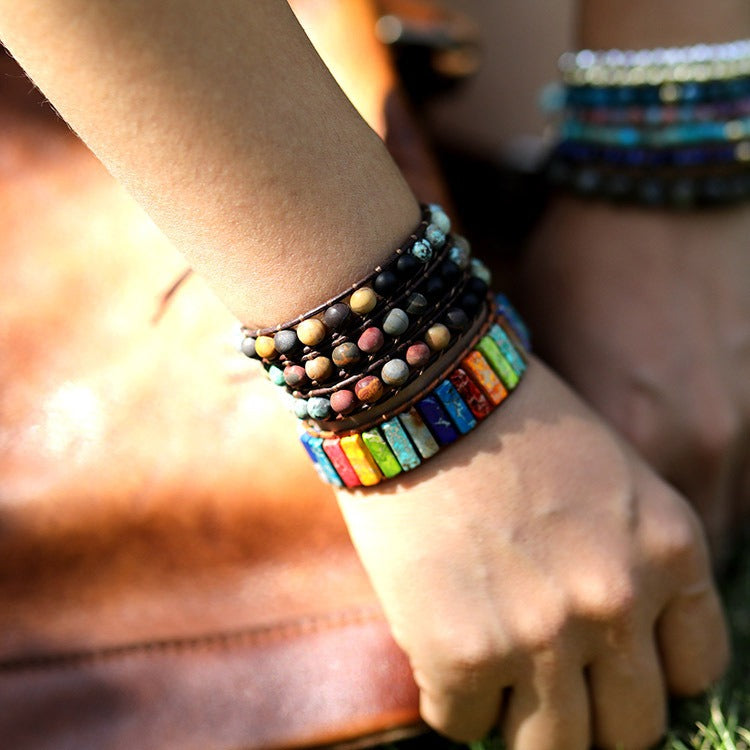 Frosted Stone Beaded Leather Bracelet