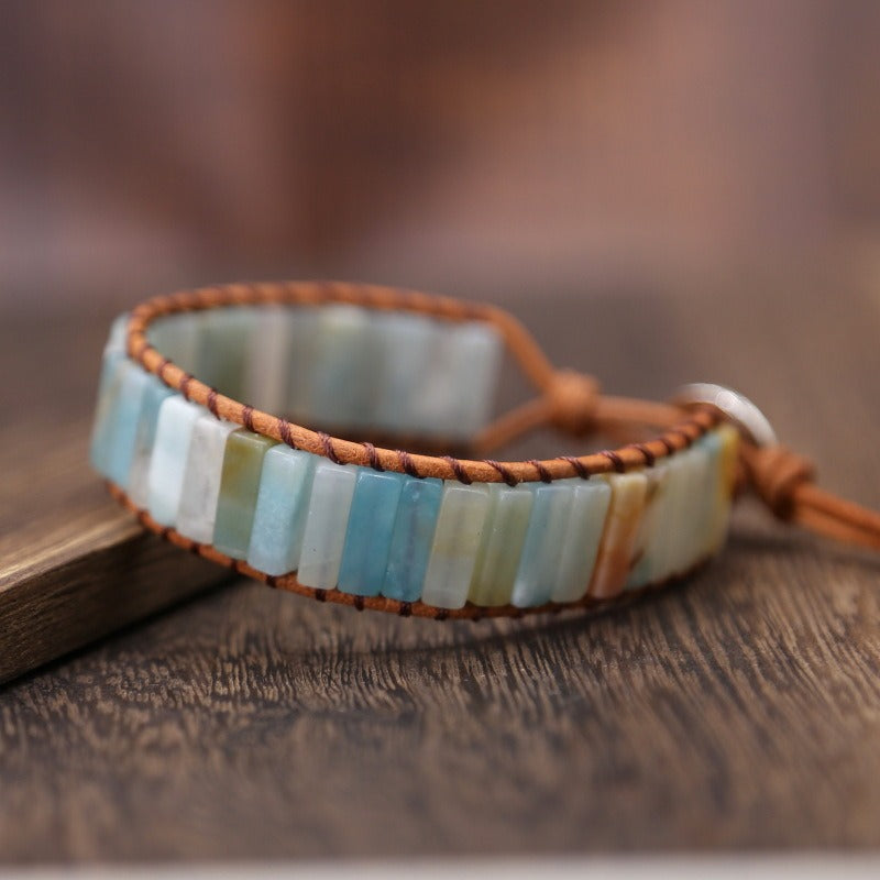 Natural Amazonite Stone & Leather Tree Of Life Bracelet